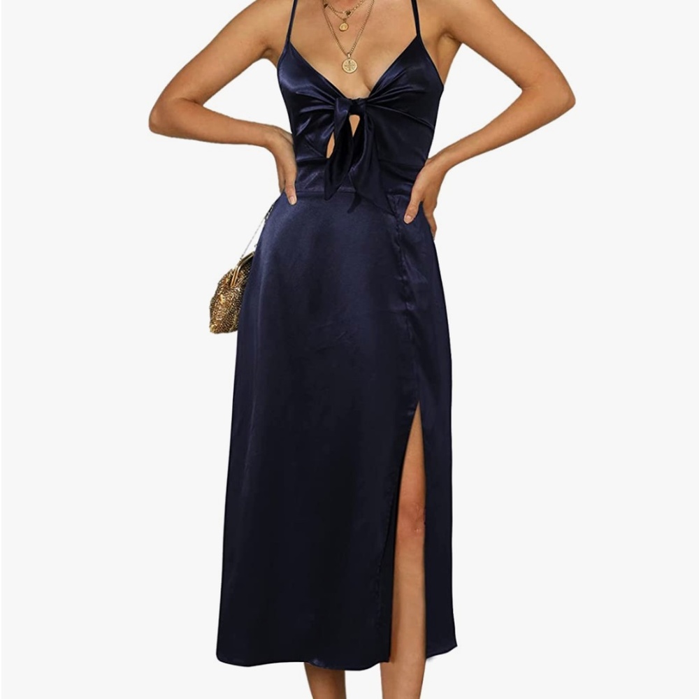 WOMENS SATIN MIDI DRESS, SIZE US MEDIUM (US 6), NAVY